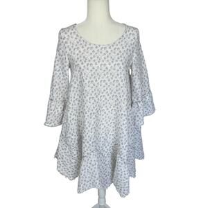 Yuvita Linen Tunic Dress Raw Hem Leaf Print Neutral Sz Small Boho Lagenlook